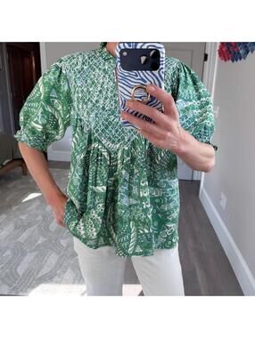 CK Bradley Green Patterned Cotton Blouse Medium